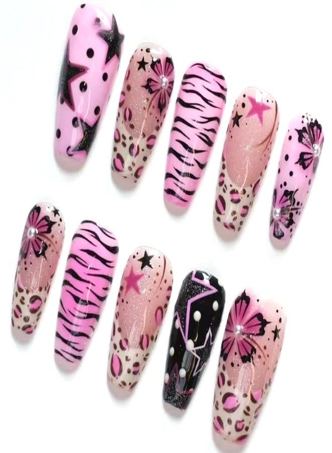 BSBTBZ 30Pcs Medium Press on Nails Square Fake Nails with 3D Pearl-decorated Y2K Style Five-Pointed Star Zebra Stripe Flower Design Glossy False Nails French Nail Tips Cute Stick on Nails for Women - Image 4